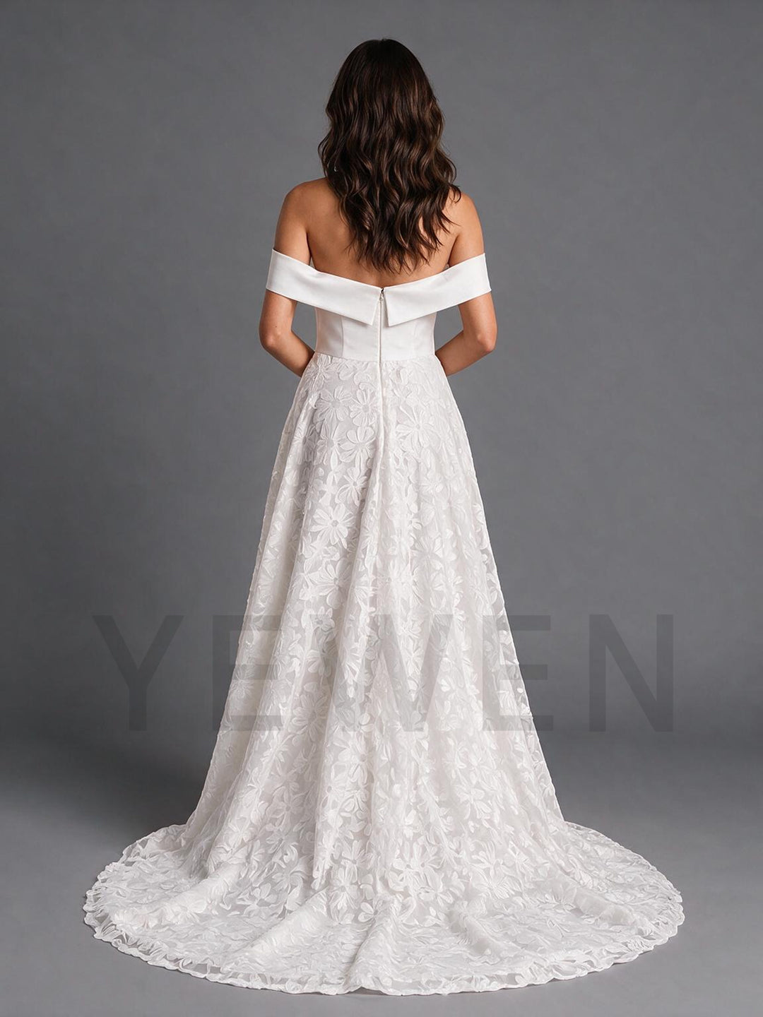 Ivory Off-Shoulder Fitted Corset Floral Lace Wedding Dress