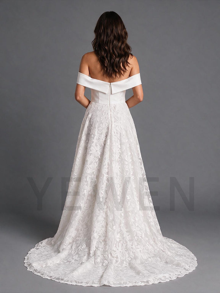 Ivory Off-Shoulder Fitted Corset Floral Lace Wedding Dress