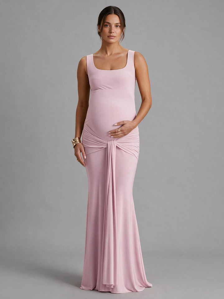 Square Neck Sleeveless Twist Waist Maternity Dress for Baby Shower