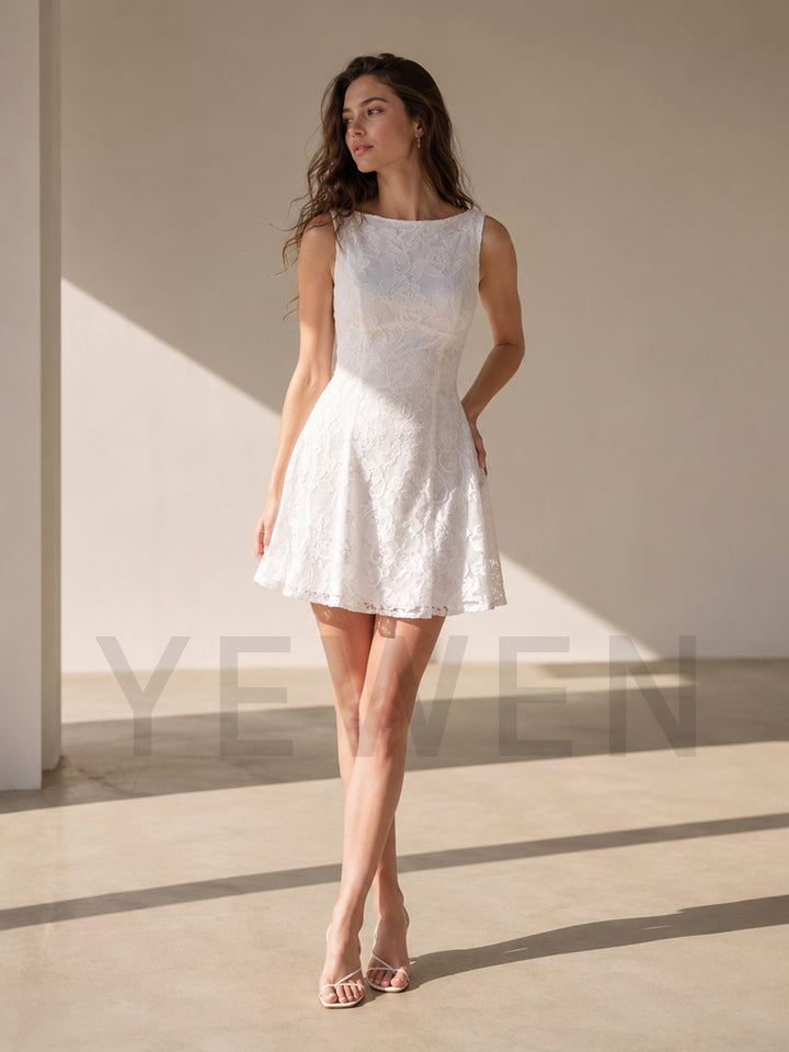 Ivory Floral A-Line Lace Mini Wedding Dress for Engagement