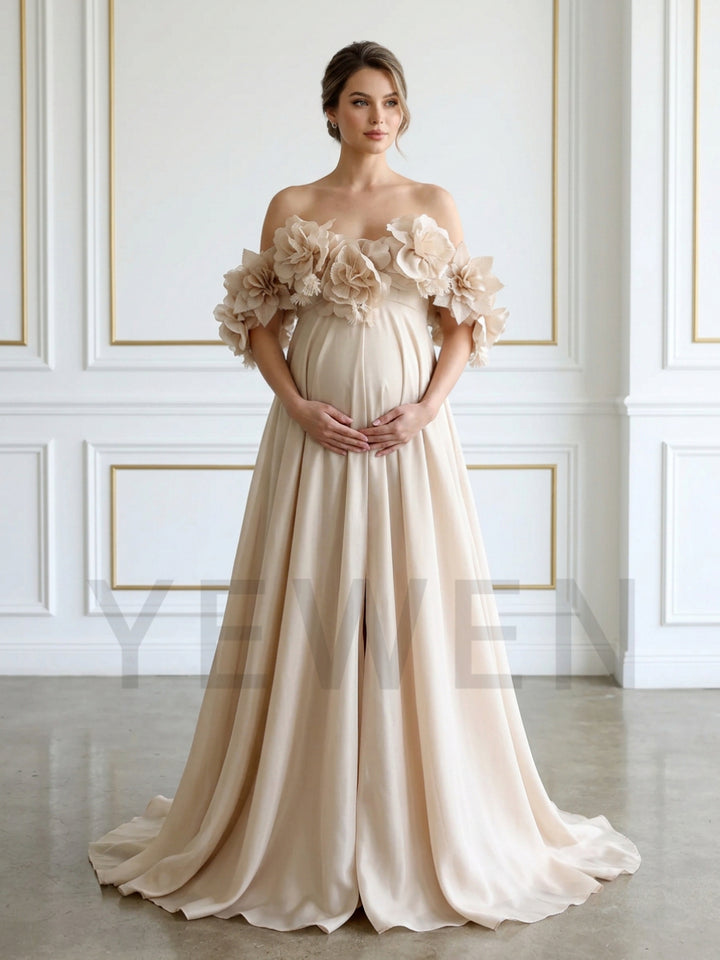 Champagne Off-Shoulder 3D Floral Maternity Photoshoot Gown YD260906