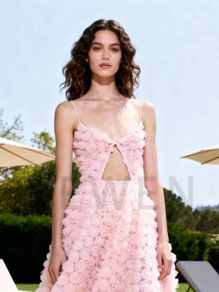 Modern 3D Roses Mesh Strap Dress Women's Evening Dress