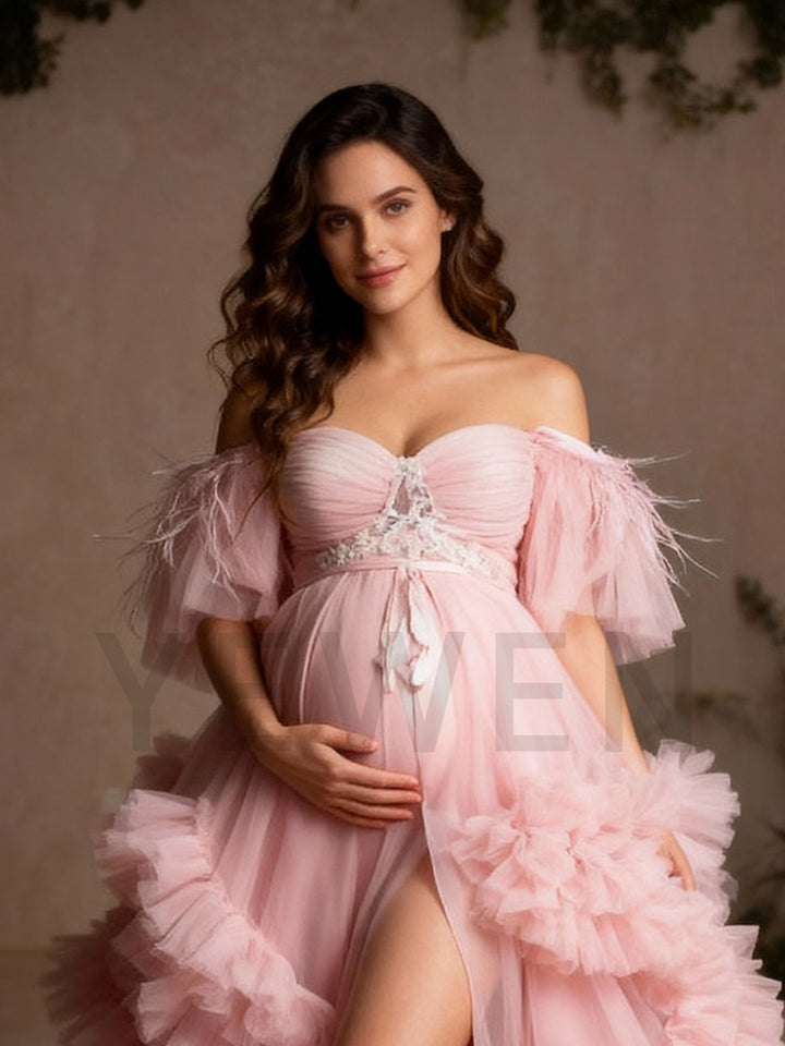 Light Pink Ruffles Tulle Maternity Dress for Photoshoot Baby Shower