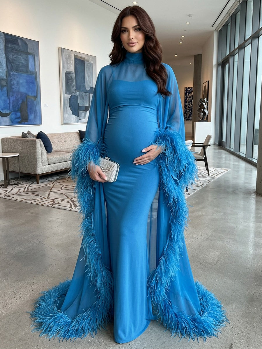 Blue Ostrich Feather Cape Maternity Baby Shower Dress YD260837