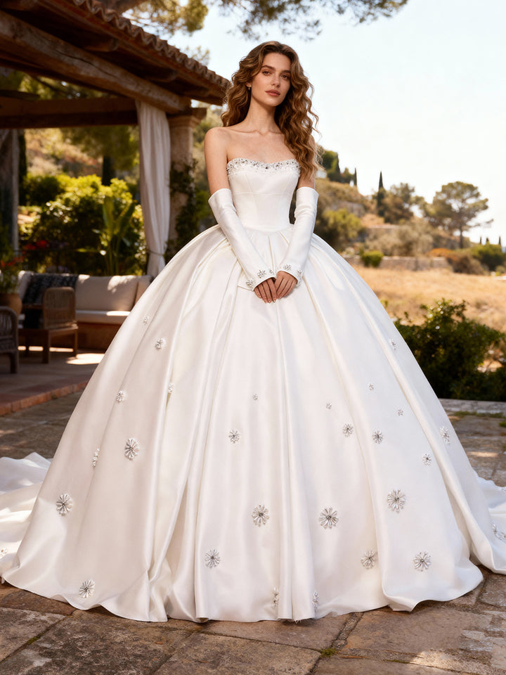 Strapless Satin Wedding Dress Beaded Bridal Gown Customized