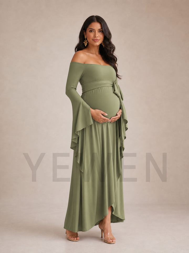 Olive Green Long Bell Sleeve Maternity Baby Shower Dress ZX002