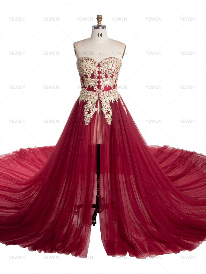 Elegantes Umstandskleid für Fotoshootings, trägerloses, rückenfreies, geschlitztes Tüll-Hochzeitsabend-Maxikleid 