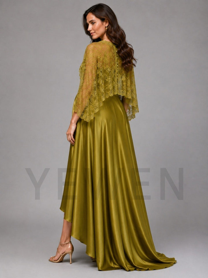 Olive V-Neck A-Line Maternity Baby Shower Dress with Sheer Lace Cape L-26921