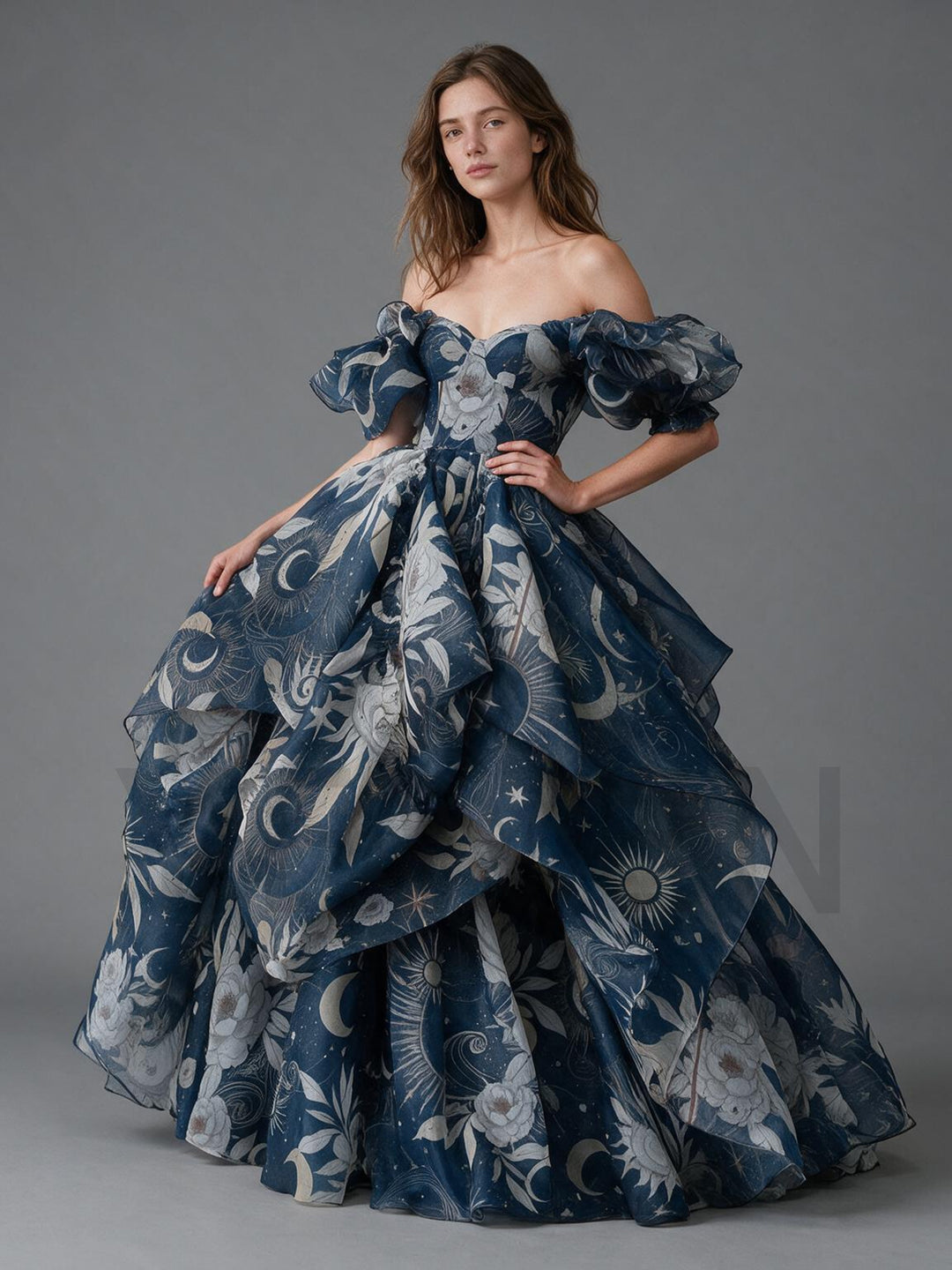 Navy Celestial Floral Off-Shoulder Puff Sleeve Princess DressYW2610156