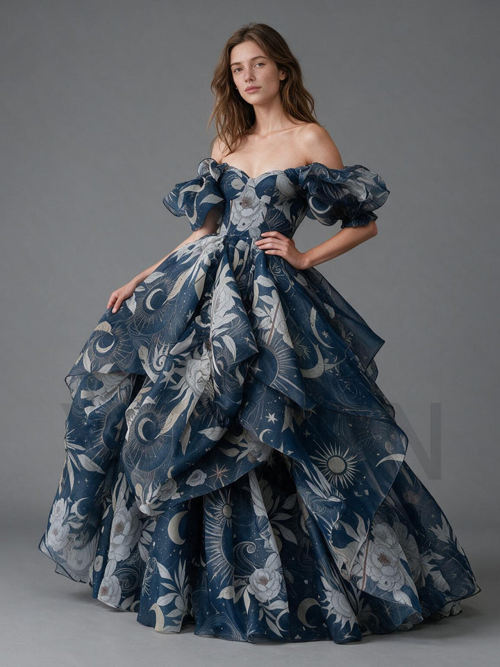 Navy Celestial Floral Off-Shoulder Puff Sleeve Princess DressYW2610156
