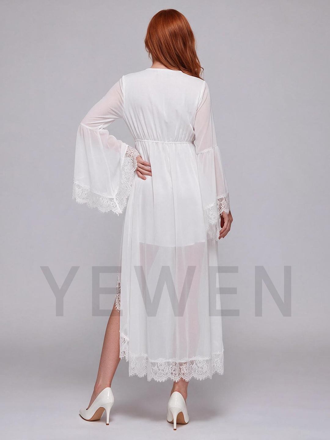 Ivory Deep V-Neck Sheer Bell Sleeve High-Low Boho Wedding Dress