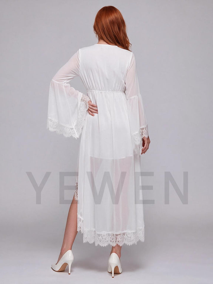 Ivory Deep V-Neck Sheer Bell Sleeve High-Low Boho Wedding Dress