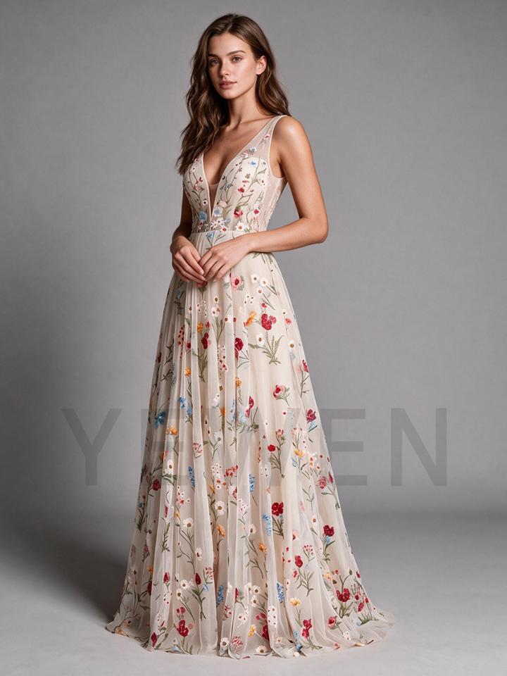 Boho Ivory Deep V-Neck Floral Wedding Dress
