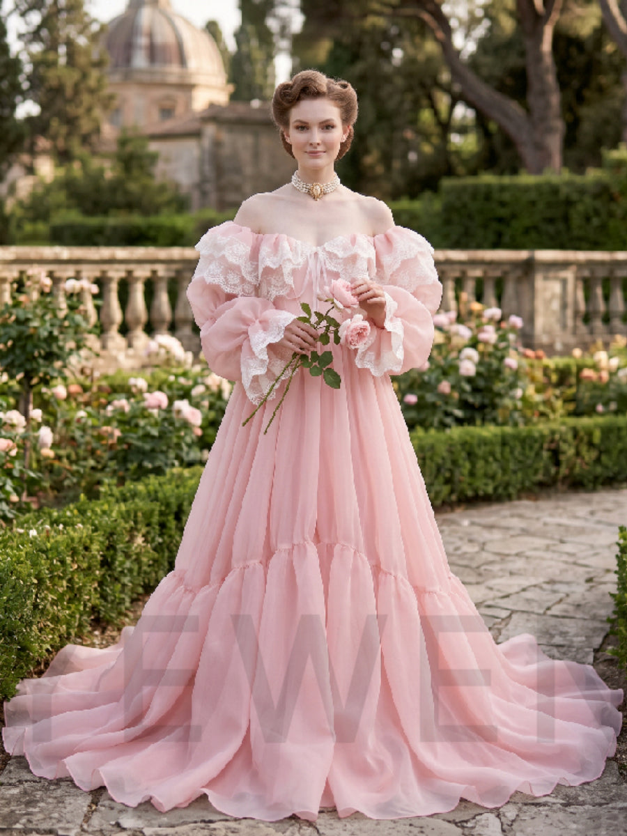 Off-Shoulder Lace Ruffle Puff Sleeve Corset Princess Dress YD260921