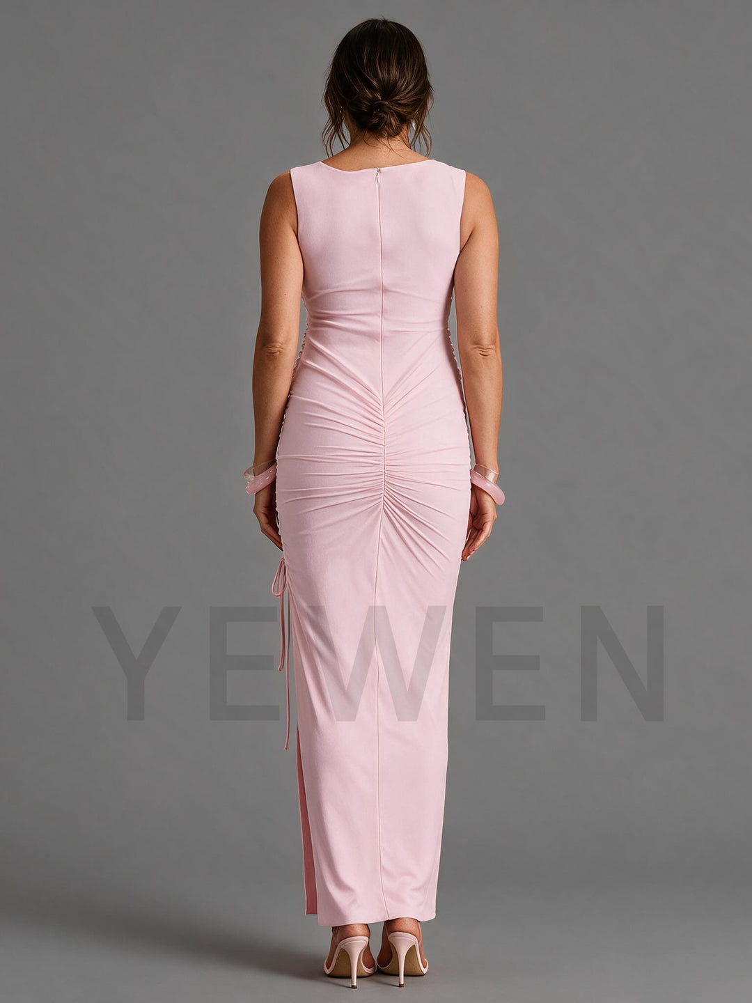Baby Pink Sleeveless Ruched Side Slit Maternity Dress for Baby Shower