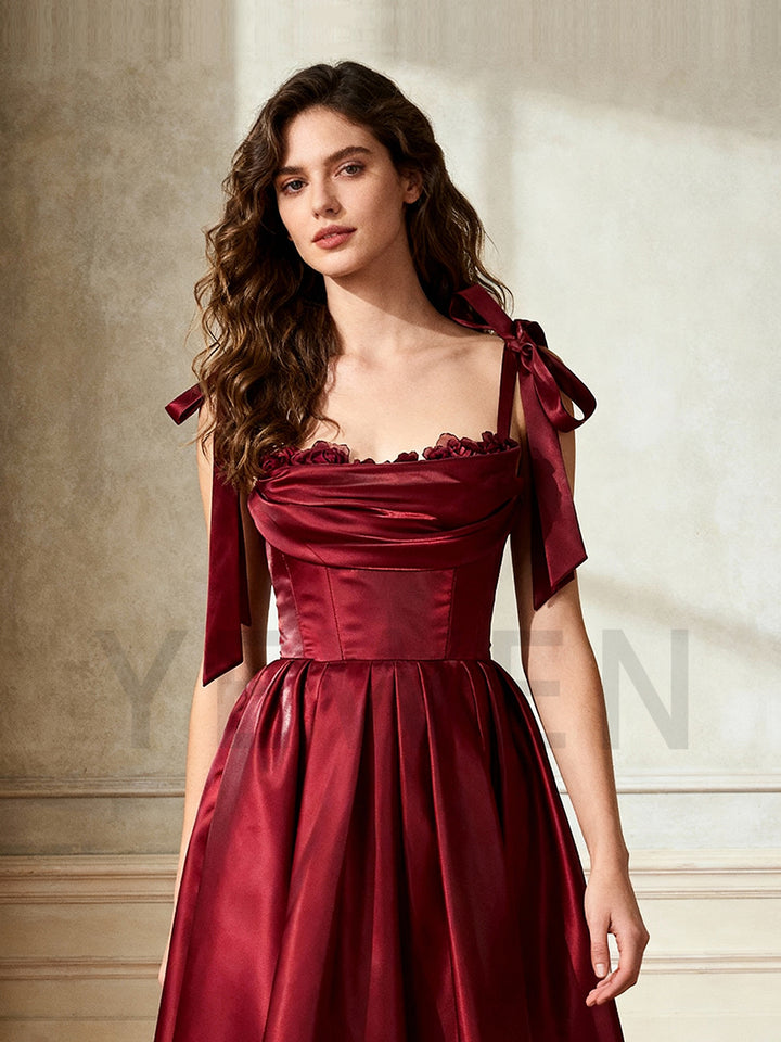 Strapless Burgundy Satin Evening Dress with Bow straps A Line Midi Prom Gown