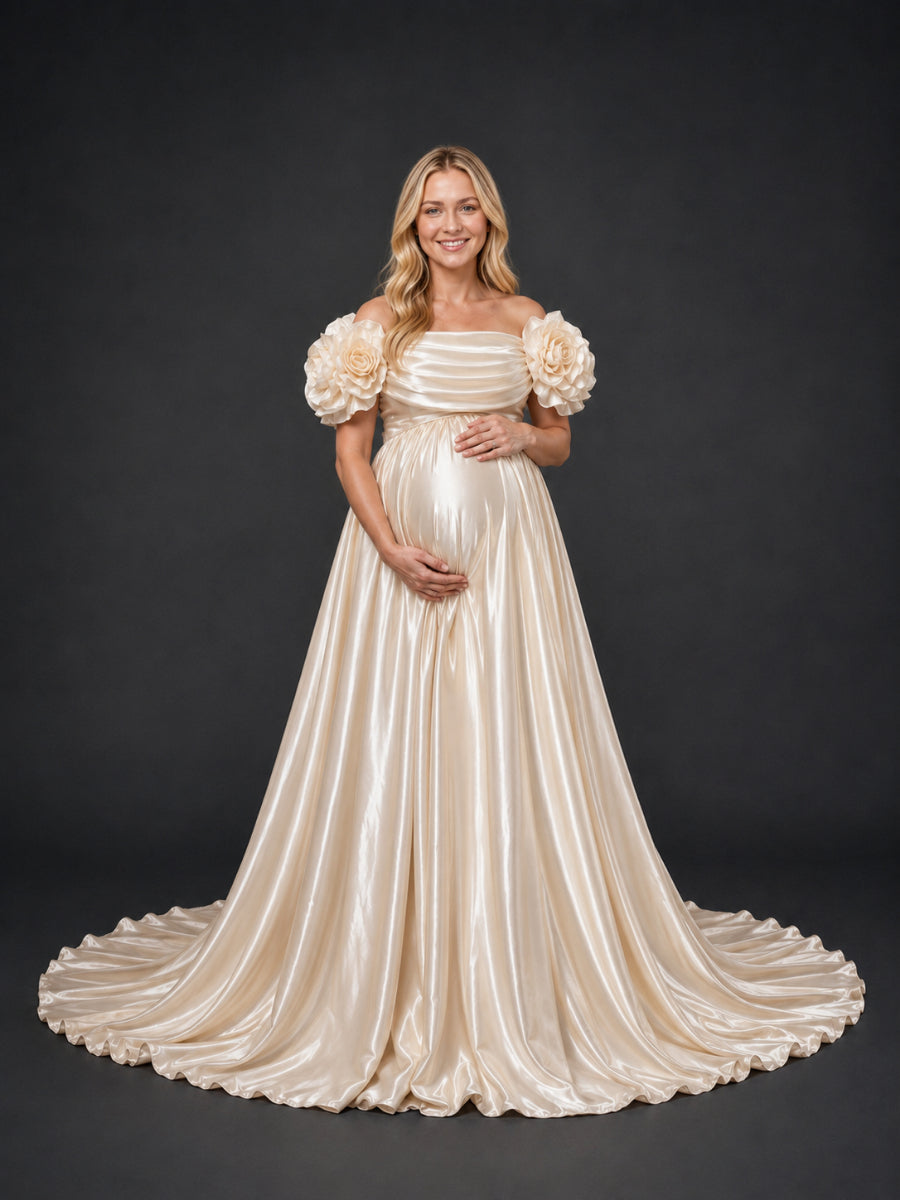 Champagne Off-Shoulder 3D Rose Satin Maternity Photoshoot Gown HY269003