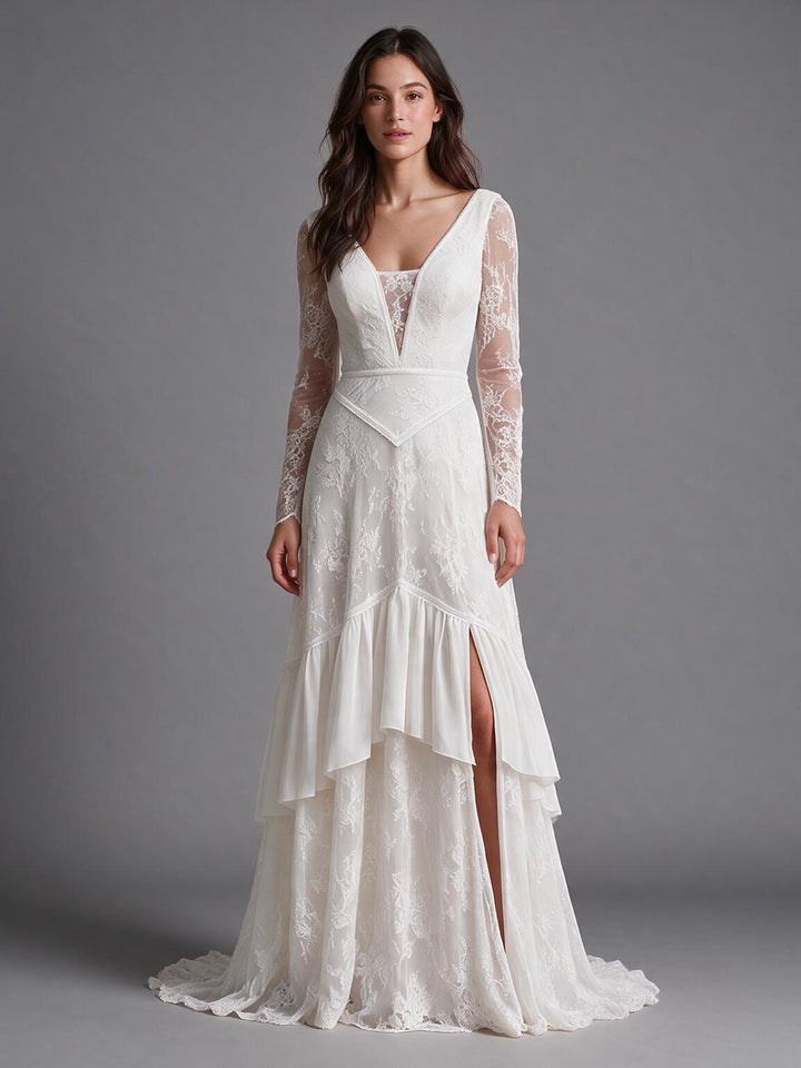 Ivory V-Neck Sheer Long Sleeves Lace Boho Wedding Dress