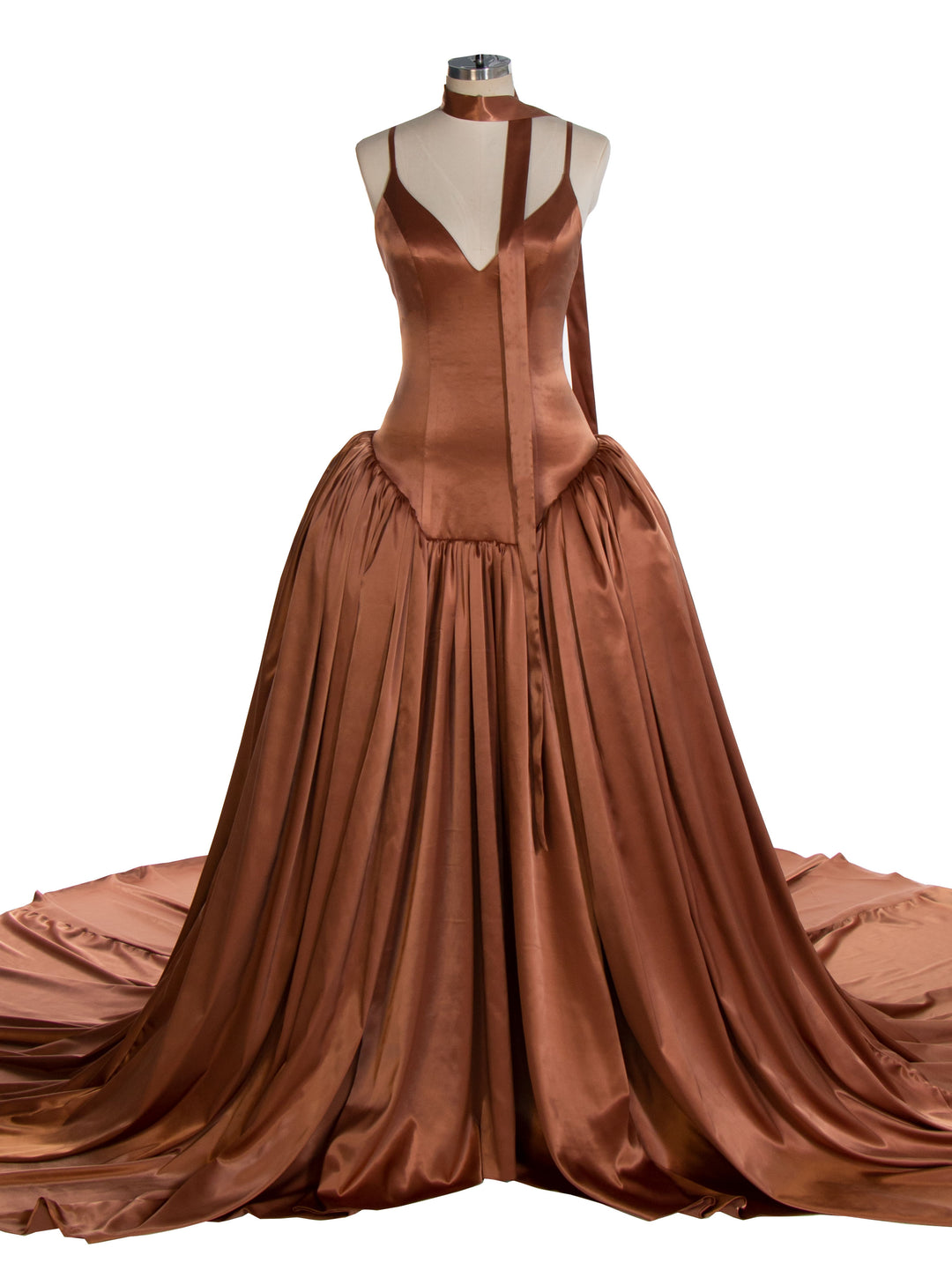 Brown Silk Satin Long Dress with Shirred Skirt Detail Party Dress