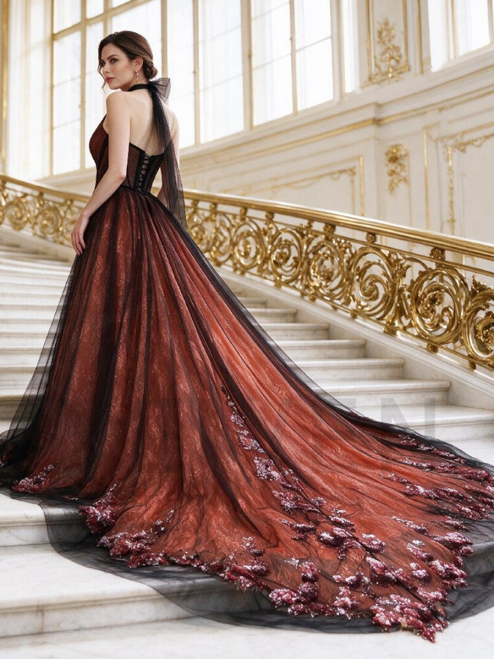 Halter Corset Tulle Evening Gown with Sequin Train YX26103