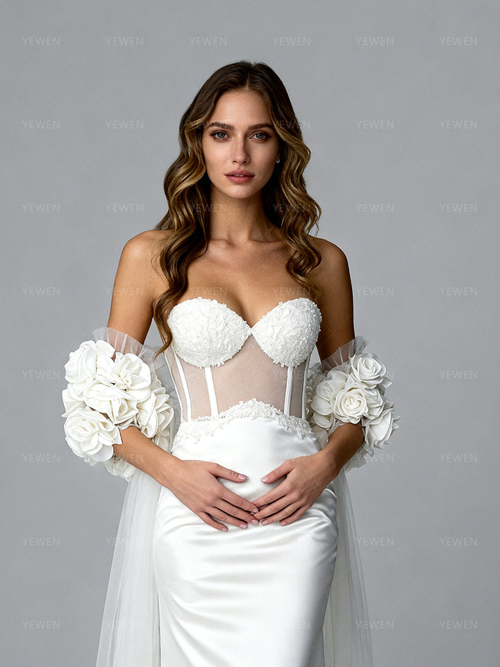 Bridal Tulle Cape with Handmade Flowers Detachable Wedding Cape Train with sleeves Romantic Lightweight Bridal Accessory