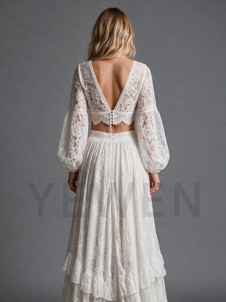 Ivory Boho Two-Piece Lace Sheer Puff Sleeves Wedding Dress
