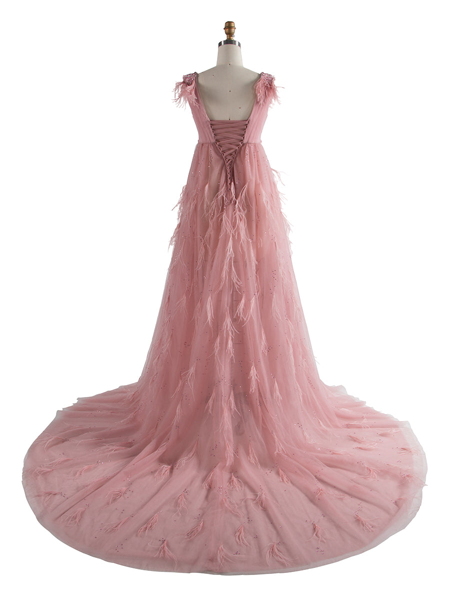 V Neck Beaded Ostrich Hair Mmaternity Photo Shoot Dress for Special Occasions /Baby Shower