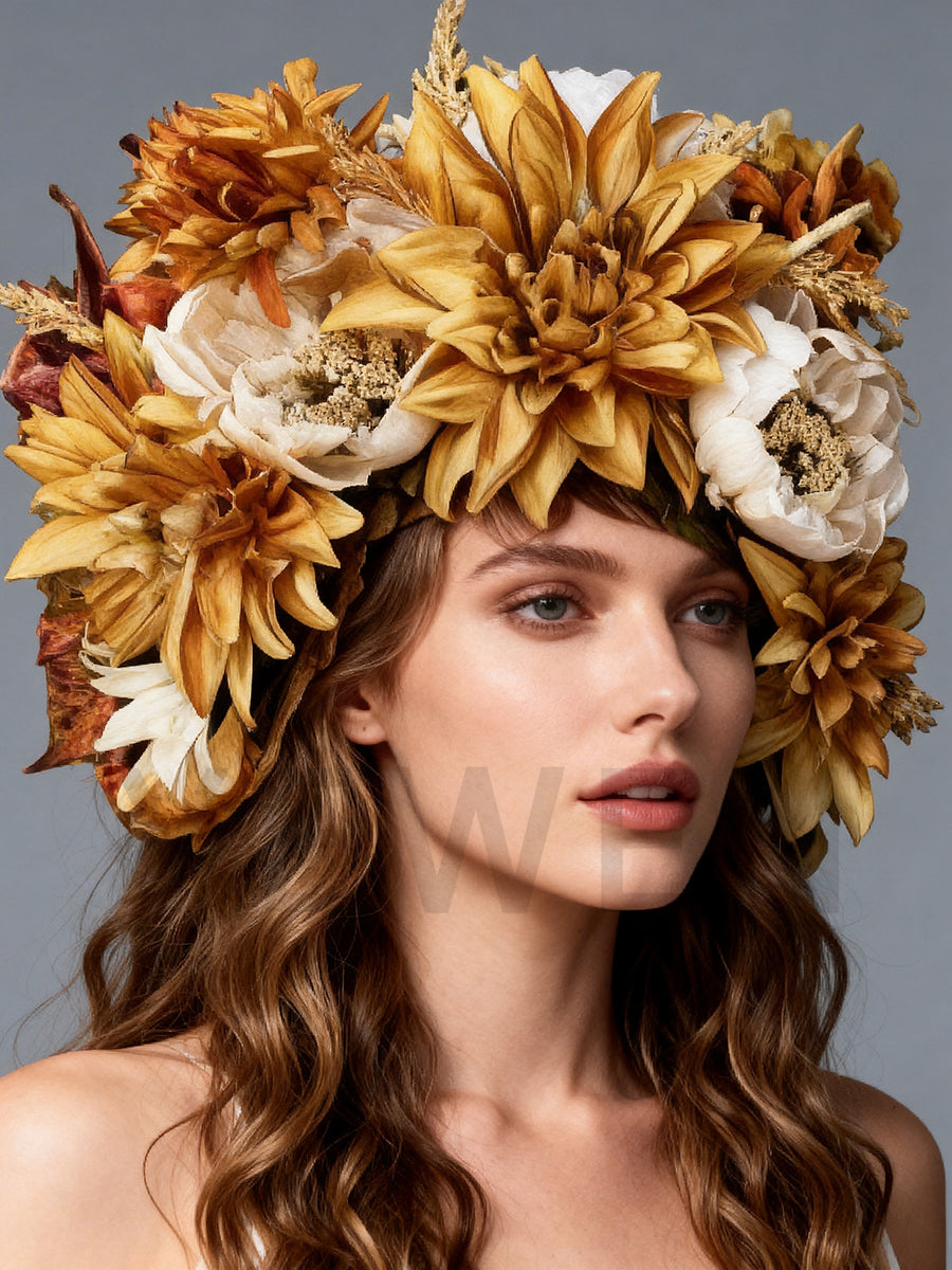 Floral Headdress Golden Sunflower Floral Crown for Boho Wedding Bridal Flower Headdress Photoshoot Wedding Crown YW2603052D