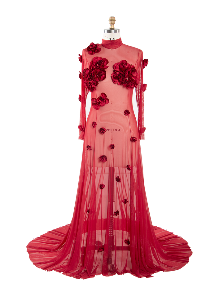 Sheer Stretch Tulle Maternity Gown 3D Rose Appliqués Maternity Dress for Photo Shoot  YW260237