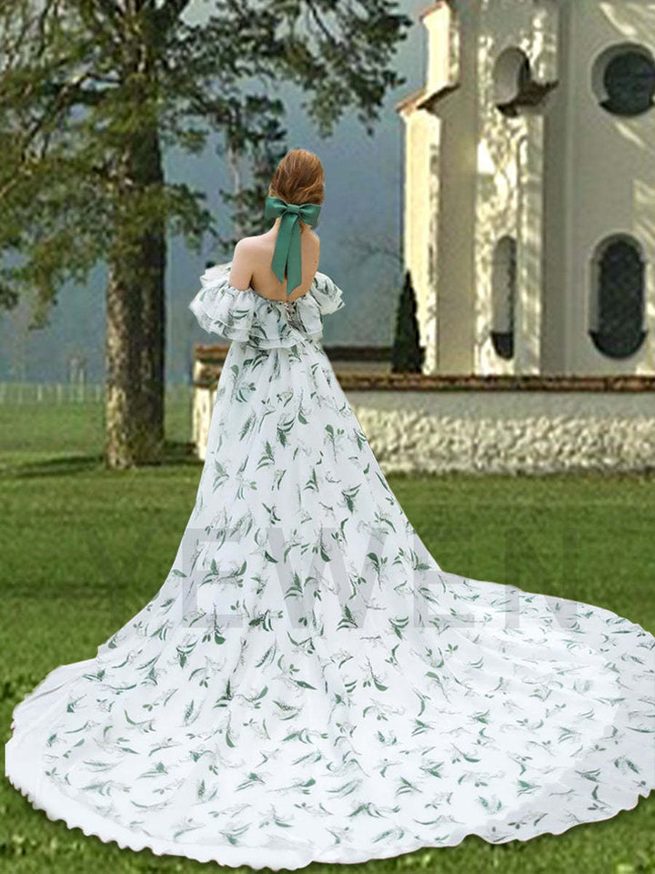 Off Shoulder Floral Wedding Dress with Slit Long Train Fancy Photo Shoots Gown