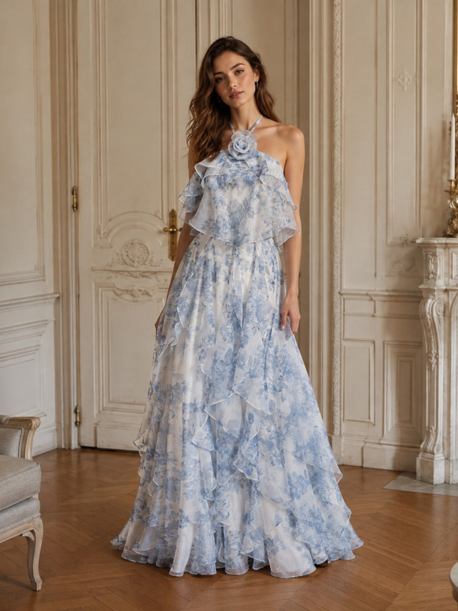 Blue Floral Halter 3D Flower Maternity Gown | Ruffle Tiered Maxi Gown