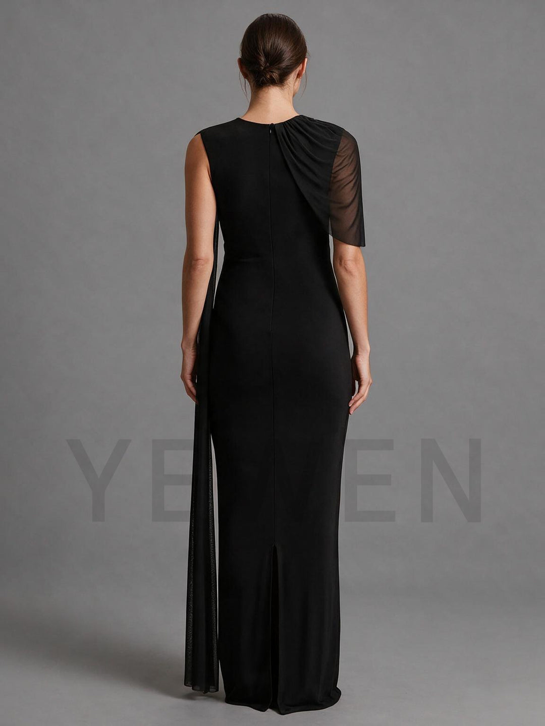Black One-Shoulder Maternity Baby Shower Dress with Long Sheer Sash