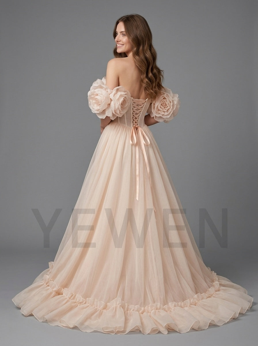 3D Floral Tulle Off-Shoulder Tiered Ruffle Princess Dress YW260367