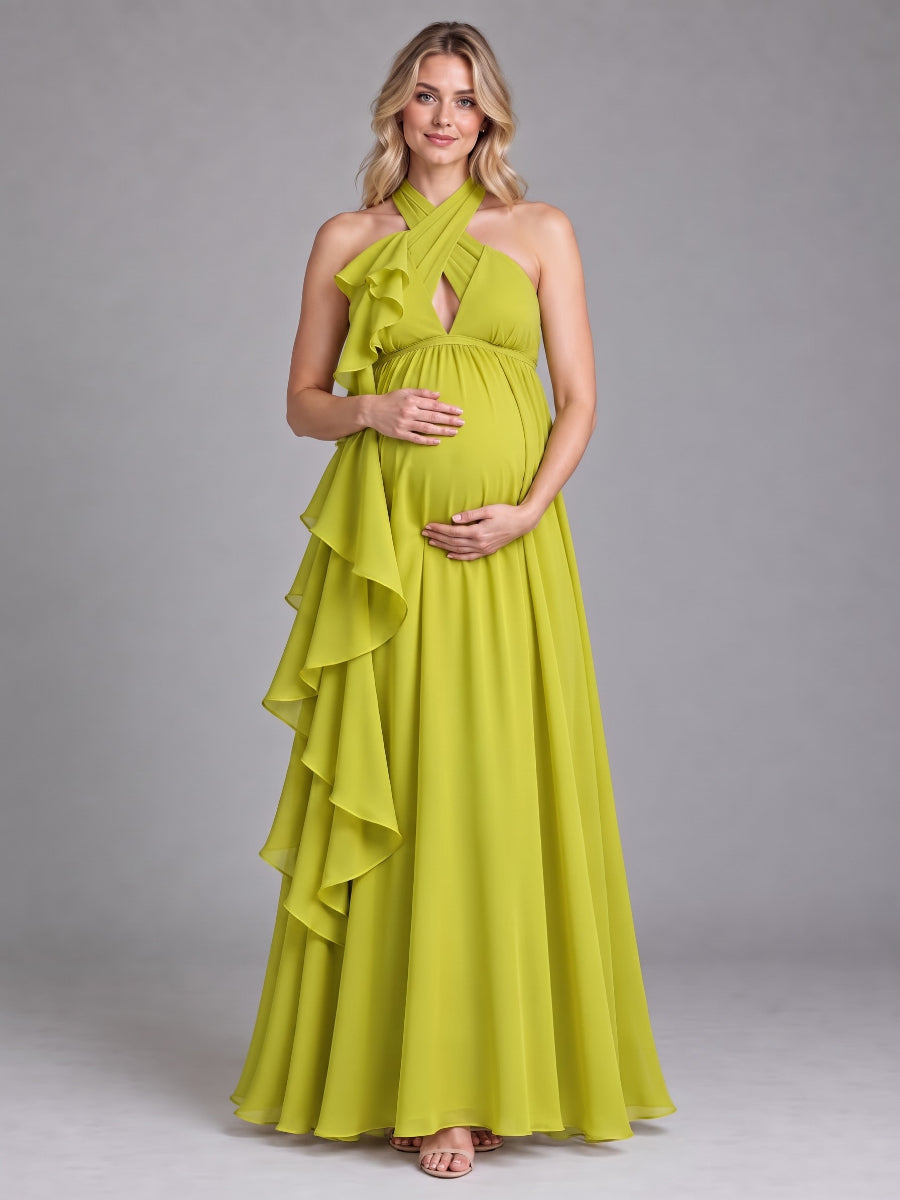 Criss-Cross Halter Chiffon Ruffle Maternity Baby Shower Dress L-26934