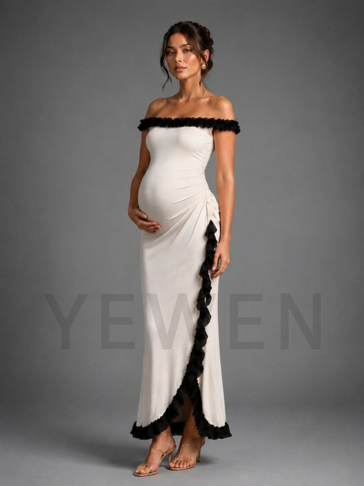 Ivory Off-Shoulder Black Ruffle Trim Maternity Baby Shower Dress L-26925