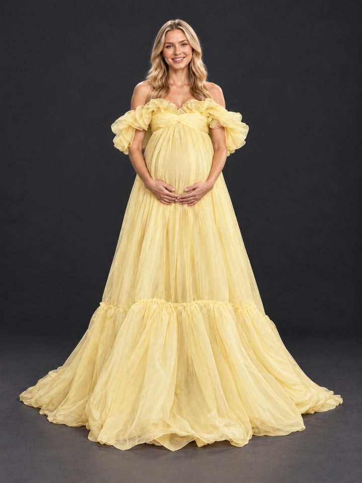 Off-Shoulder Tulle Tiered Ruffle Maternity Photoshoot Gown HA261004