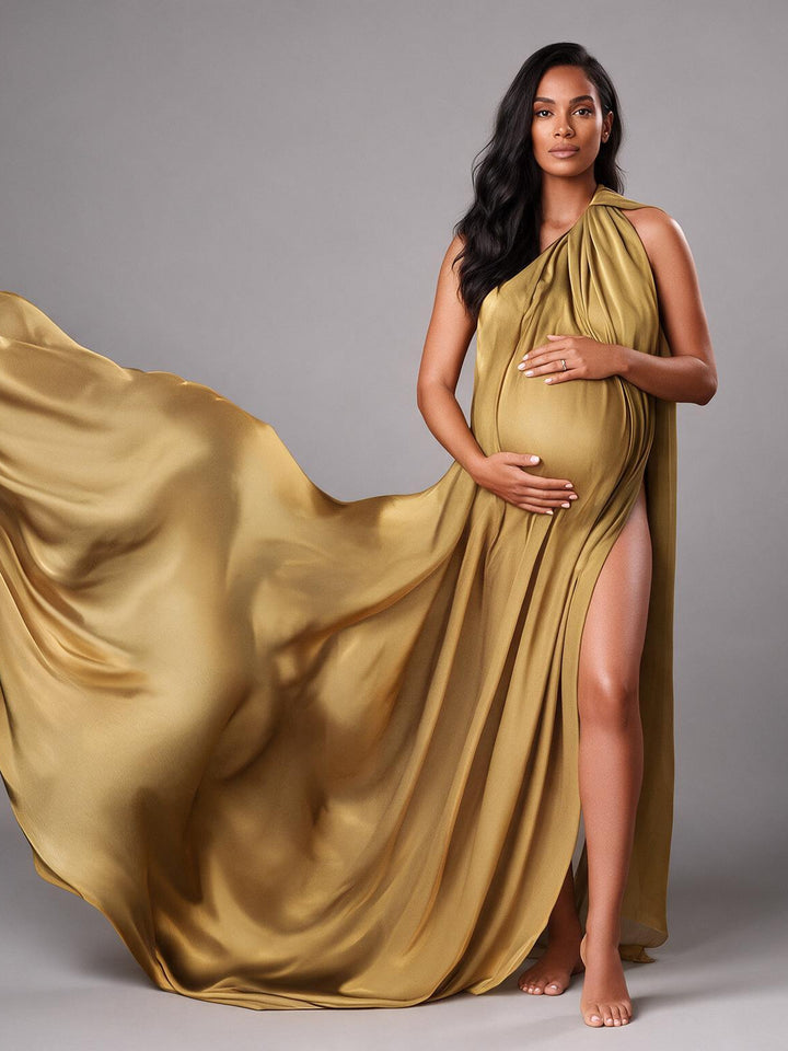 One-Shoulder High Slit Satin Maternity Photoshoot Gown YW2609305