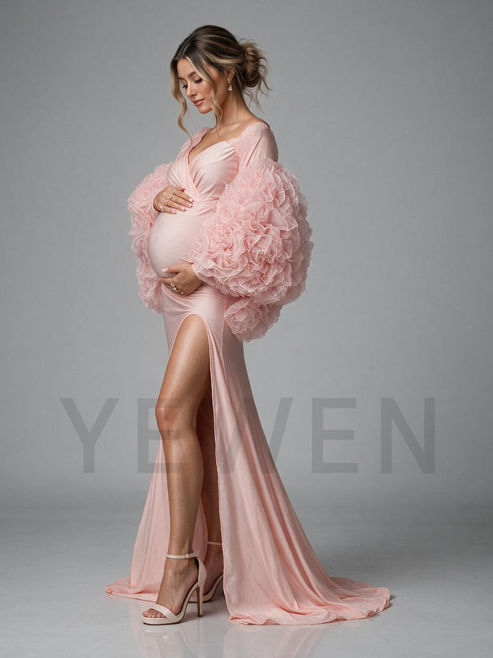 Pink 3D Floral Cape High Slit Maternity Gown for Photoshoot YW2610195