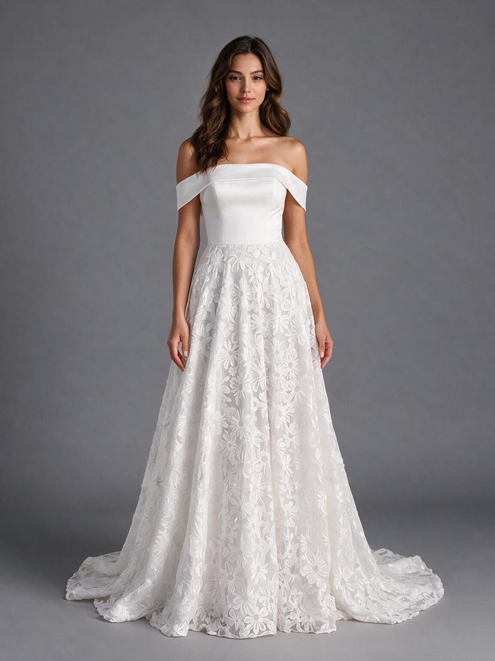 Ivory Off-Shoulder Fitted Corset Floral Lace Wedding Dress