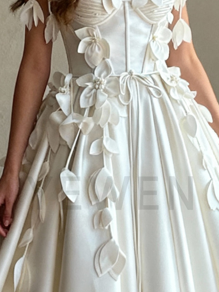 Romantic Petal Appliqués Straps Wedding Dress Satin Bridal Dress