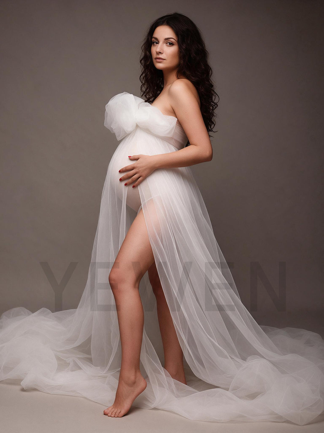 Strapless Tulle Bow Sheer Overlay Maternity Photoshoot Gown YW2609301