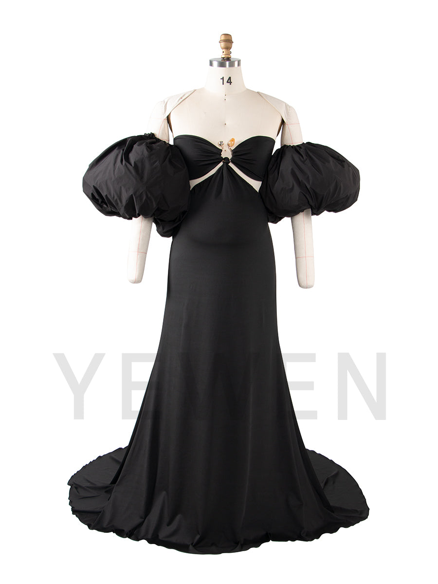 Stretch Mermaid Maternity Photoshoot Dress Puffy Sleeve Baby Shower Gown YW251024