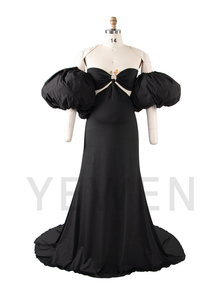 Stretch Mermaid Maternity Photoshoot Dress Puffy Sleeve Baby Shower Gown YW251024