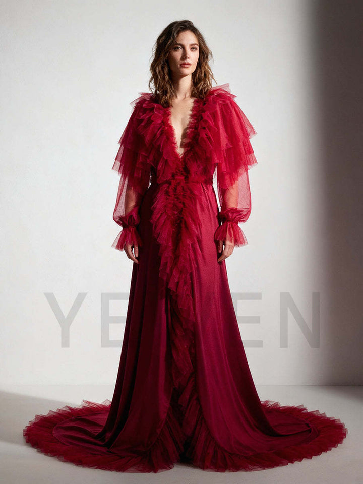 Deep Red Tulle Ruffle Gown for Photoshoots YW250073