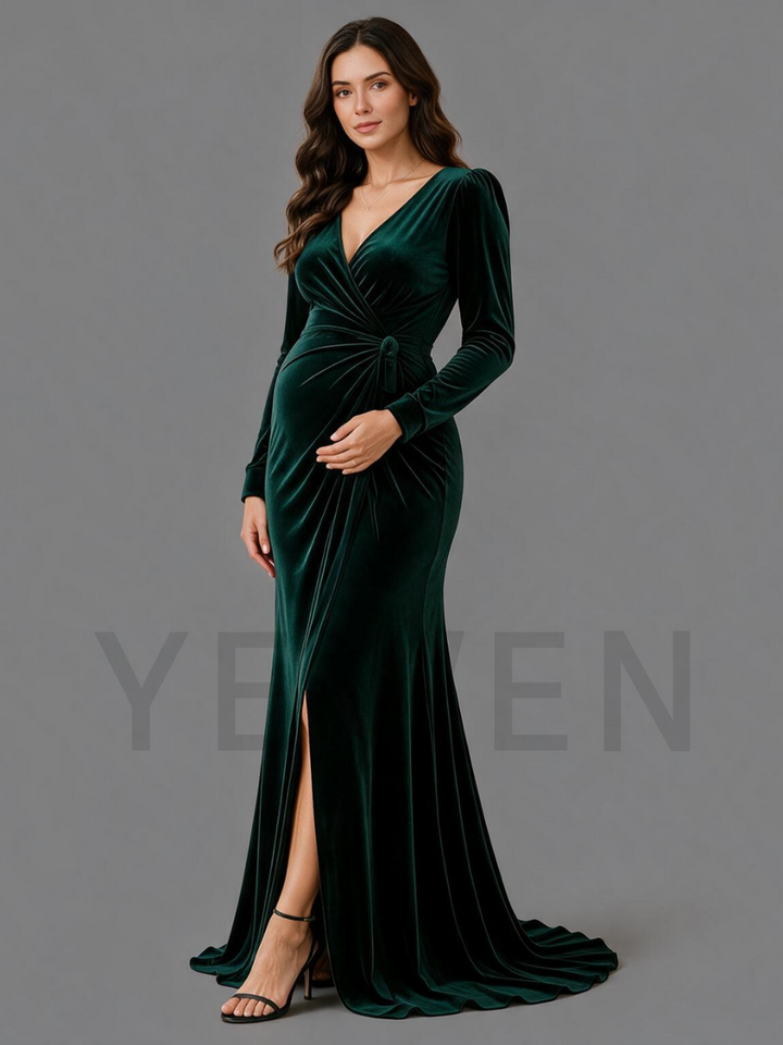 Green Velvet V-Neck Puff Sleeves Maternity Dress For Baby Shower