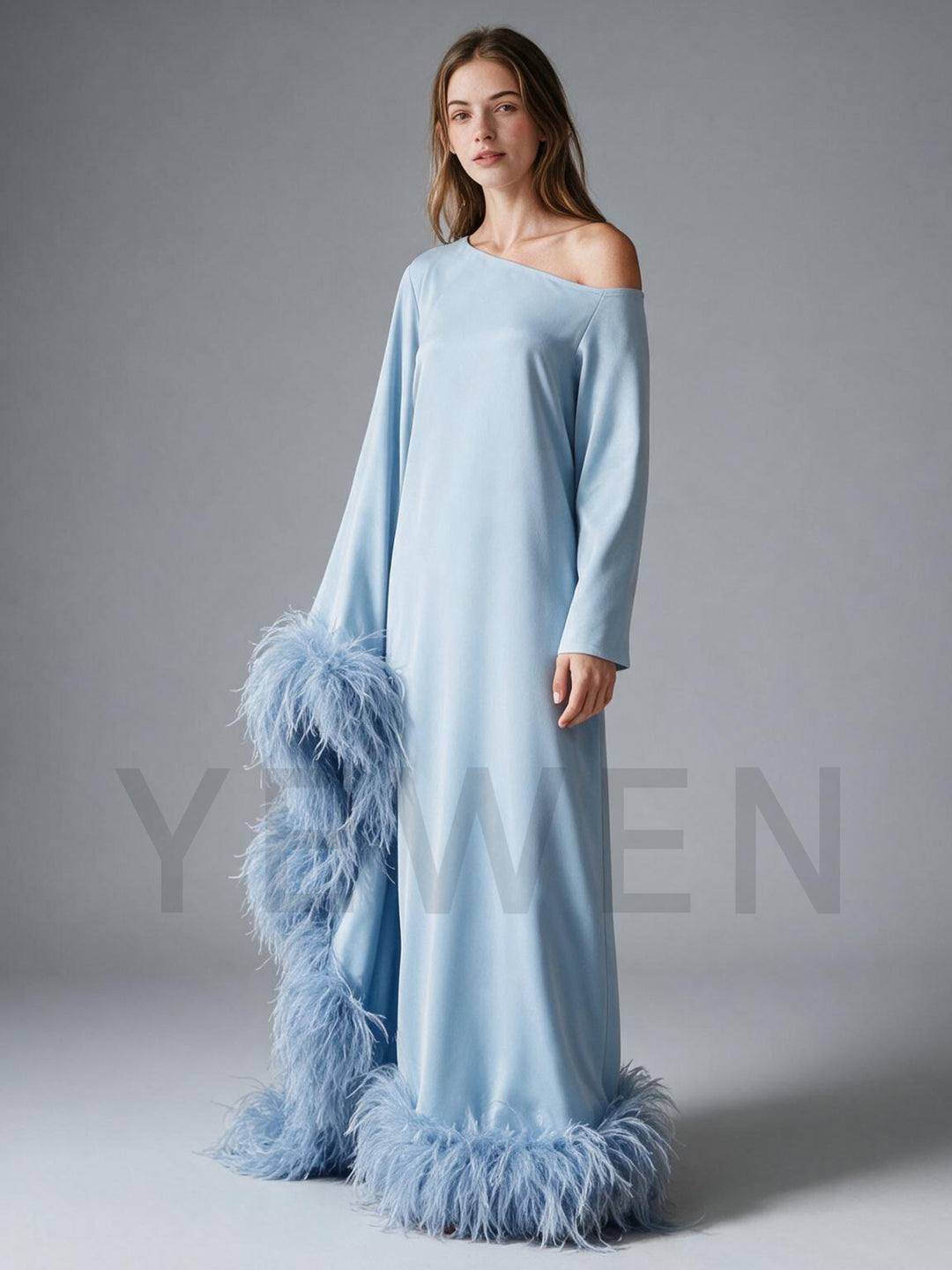 One-Shoulder Ostrich Feather Poncho Drape Satin Evening Gown YW2610066