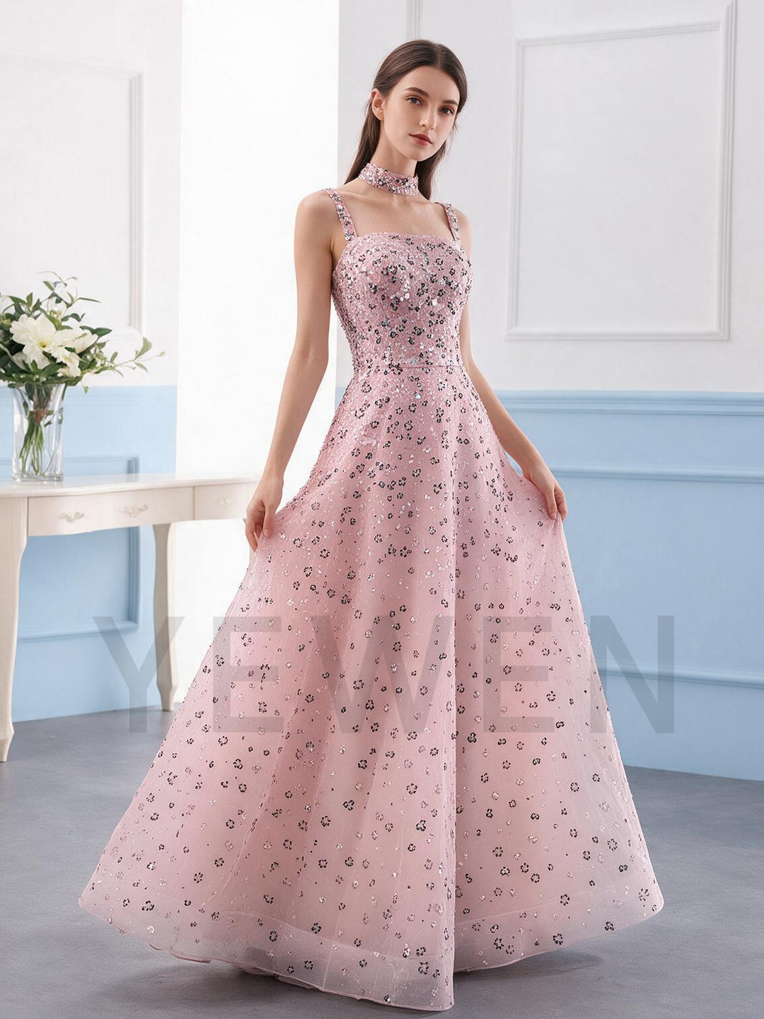 A-Line Square Neck Sequin Floral Evening Gown YX007