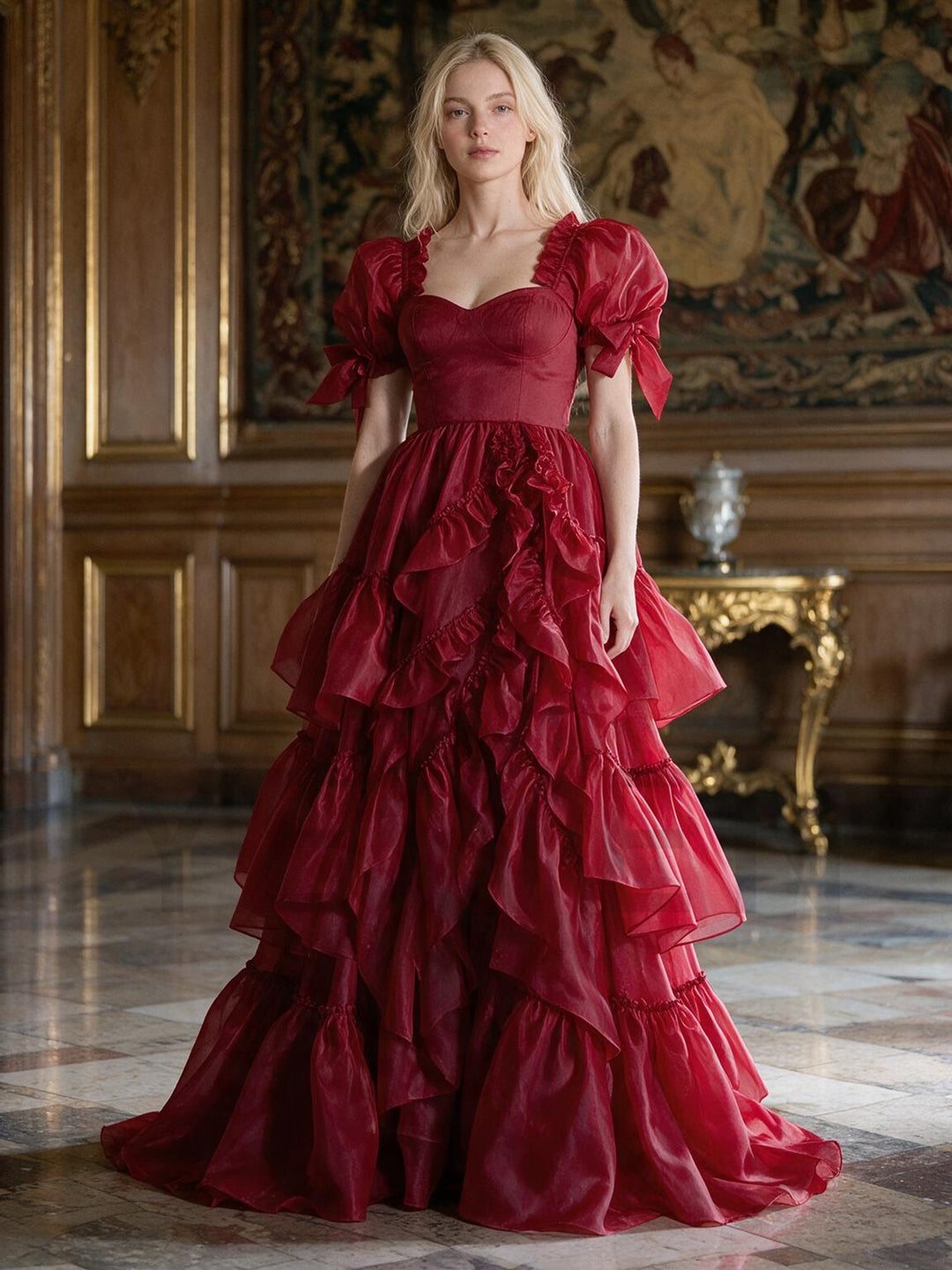 Burgundy Bow Sleeve Corset Tiered Ruffle Christmas Dress YW2610089
