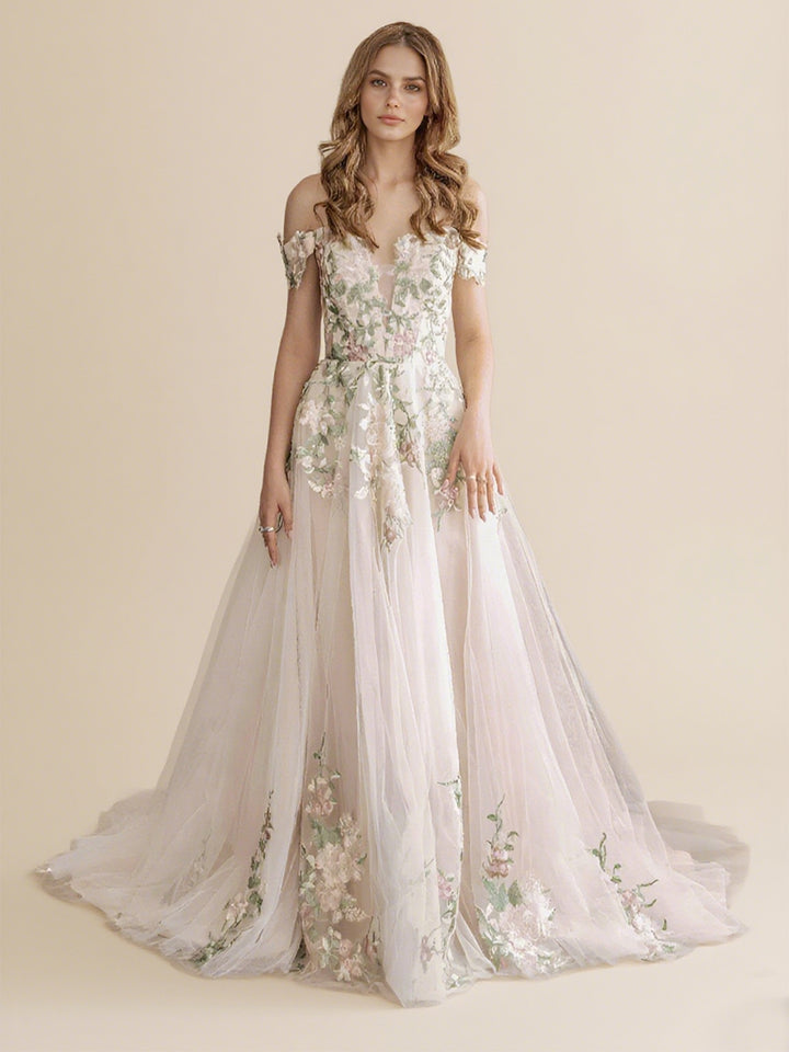 Elegant Aline Colorful Lace Wedding Dress Off the Shoulder Sleeves Flowy Outdoor Boho Wedding Gown