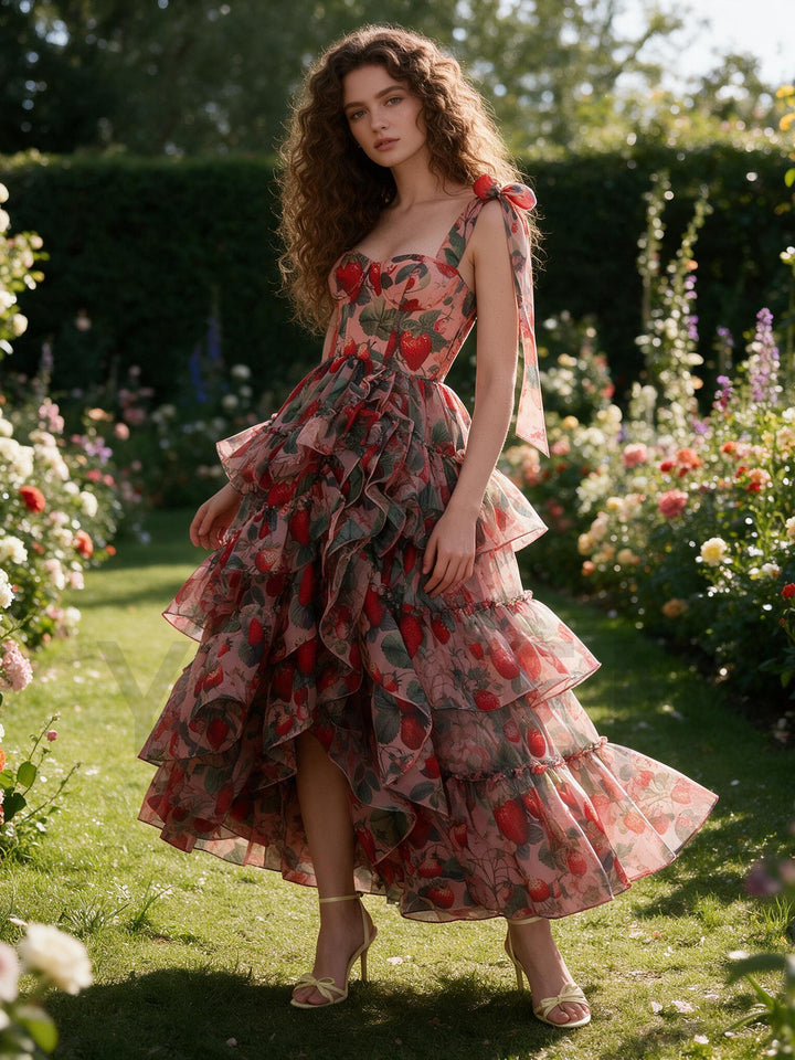 Rose Floral Tiered Ruffle Shoulder Tie Princess Dress YW2610163
